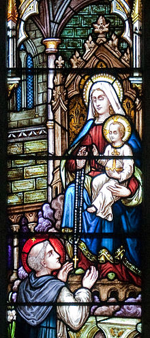 "St Dominic Receives the Rosary from the Virgin Mary", Glengarriff Church of the Sacred Heart Glengarriff Church of the Sacred Heart Right East Window St Dominic Receives the Rosary from the Virgin Mary Detail 2009 09 08.jpg