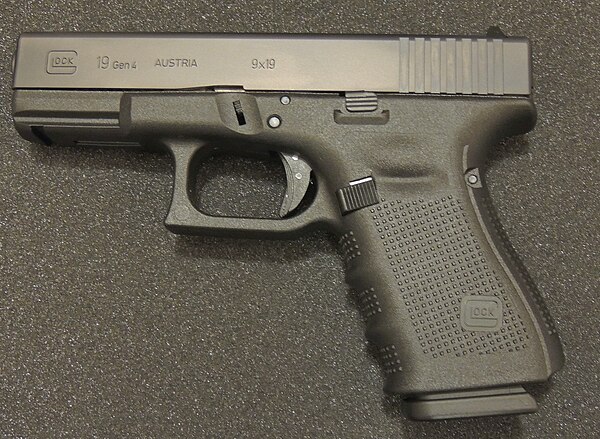 The Glock 19, a pistol chambered in 9×19mm Parabellum