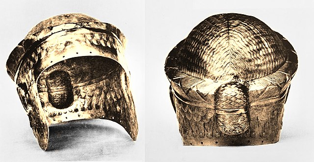 Golden helmet of Meskalamdug, at time of excavation.