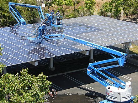 Cleaning of solar panels used to power the car ports at Googleplex.
