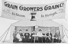 Tent for the Grain Growers. Grain Co., a cooperative farmers organization in Canada that was the precursor of the United Grain Growers, cica. 1910. Grain Growers Grain Co circa 1910.jpg