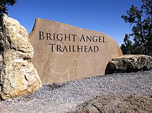 The new Bright Angel Trailhead sign, installed as part of the renovations. Grand Canyon National Park Bright Angel Trailhead Sign (8541160440).jpg