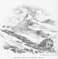 The Großer Geiger from the north. In the foreground is the original Kürsinger Hut. 19th century photograph