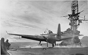 Grumman Avenger landing on HMS Trumpeter WWII IWM A 24282.jpg