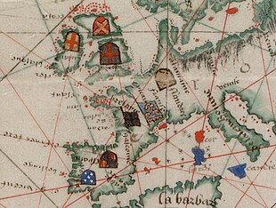 Detail of a world map published by Guillaume Brouscon in 1543, showing windrose lines for navigation Guillaume Brouscon. World chart, which includes America and a large Terra Java (Australia). HM 46. PORTOLAN ATLAS and NAUTICAL ALMANAC. France, 1543.C.jpg