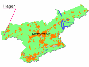 Положение поселения Хаген на карте города Гуммерсбах