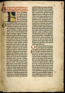 First page of the first volume of the Gutenberg Bible: the epistle of Jerome to Paulinus from the University of Texas copy. The page has 40 lines. Gutenberg bible Old Testament Epistle of St Jerome.jpg
