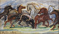 Pferdegruppe mit einem nackten, auf den Rücken eines Rappen gebundenen Knaben (wohl Illustration zu einem literarischen Text); Tempera, Gouache auf Karton. 12 x 21 cm. Datiert "12.10.1920"