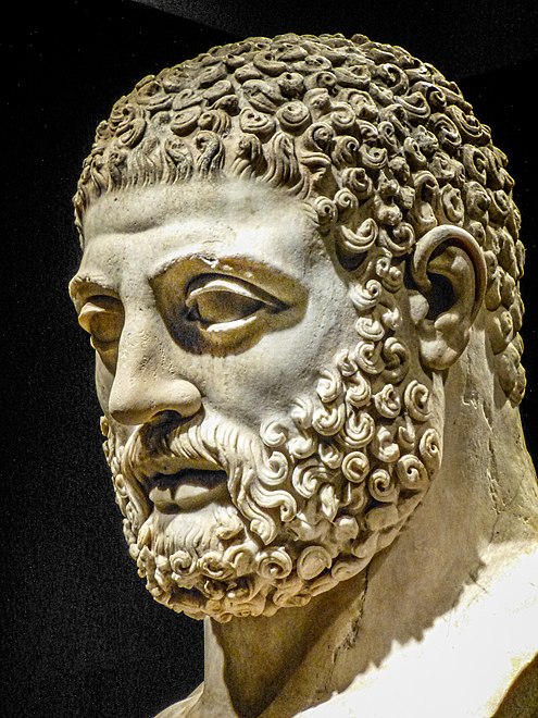 Head from statue of Herakles (Hercules) Roman 117–188 CE from villa of the emperor Hadrian at Tivoli, Italy at the British Museum