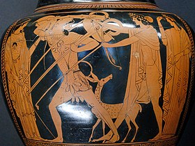 Apollo and Heracles struggle for the Delphic tripod; side A from an Attic red-figure stamnos, c. 480 BC. Louvre Herakles Apollo tripod Louvre G180 n2.jpg