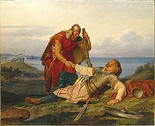 A scene from the Hervarar saga. Orvar-Oddr and Hjalmar bid each other farewell, by Marten Eskil Winge (1866). Hjalmars avsked av Orvar Odd efter striden pa Samso.jpg