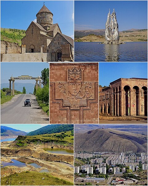 From top left:Makravank Monastery • Tsovinar monument on Aghbyurak Reservoir • Entrance monument Palace of Culture • Music school Marmarik Reservoir •