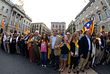 Pro-independence demonstration on the Diada of 11 September 2013 in the section corresponding to Placa de Sant Jaume in Barcelona. Among those present was Francesc Homs, Minister of the Presidency, who the following year was among the organisers of the pro-independence referendum, for which he was charged. Imatges oficials Diada Nacional de Catalunya 2013 gencat (13).jpg