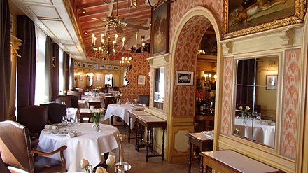 Inside L'Auberge du Pont de Collonges near Lyon, a 3-Michelin-star restaurant since 1965 and the main restaurant of the late star chef Paul Bocuse