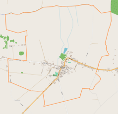 Mapa konturowa Jaraczewa, blisko centrum na dole znajduje się punkt z opisem „Synagoga w Jaraczewie”