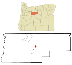 オレゴン州におけるジェファーソン郡（上図）と同郡におけるマドラス市の位置