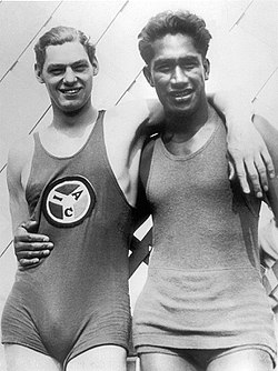 Medal winners at the 1924 Paris Olympics included the swimmers Johnny Weissmuller (the future Tarzan star) and the Hawaiian Duke Kahanamoku. (1924) Johnny Weissmuller and Duke Kahanamoku at Olympics.jpg
