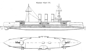 Line-drawing of Kaiser Karl VI showing the disposition of the armament and armor Kaiser-Karl-VI Brassey's1915.png