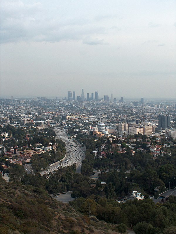 View of Hollywood and Downtown Los Angeles from Mulholland Drive near its eastern terminus