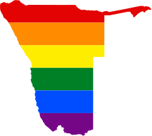 LGBT flag map of Namibia. The red external corridor at top right is the Caprivi Strip LGBT flag map of Namibia.svg