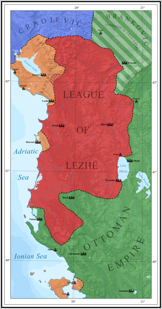 Kaart van de Liga van Lezhë tussen 1448 en 1468