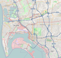 Mapa konturowa San Diego, blisko centrum na lewo u góry znajduje się punkt z opisem „Old Town Transit Center”