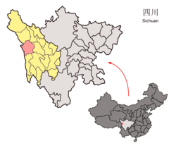 Location of Baiyü County (red) within Garzê Prefecture (yellow) and Sichuan
