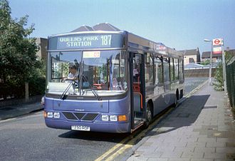 Demonstrator Wright Crusader bodied Volvo B6BLE on route 187 in September 1999 London Traveller T290ROF.jpg