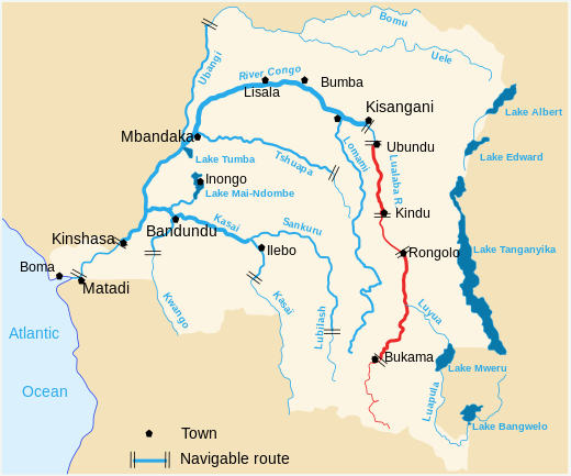 Bevaarbaarheid van de Kongo met de bovenloop in het rood aangeduid (Lualaba)