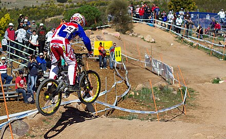 Marc Beaumont of Great Britain riding a downhill race the 2009 UCI Mountain Bike & Trials World Championships held at Mount Stromlo, near Canberra, Australia