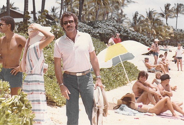 Selleck on the set of Magnum in 1984