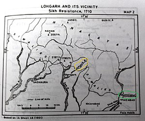 Map depicting Lohgarh and Muklishgarh, From Irfan Habibs's Book on Sikh history from Persian sources. Map depicting lohgarh and Muklishgarh.jpg