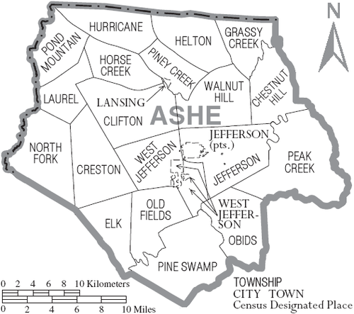 Map of Ashe County, North Carolina With Municipal and Township Labels