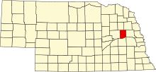 Location of Colfax County in Nebraska Map of Nebraska highlighting Colfax County.svg