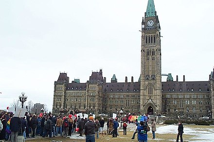 The March of Hearts rally in support of same-sex marriage at Parliament Hill in 2004. Same-sex marriage was legalized in 2005 with the passage of the Civil Marriage Act.