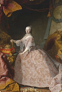 Empress Maria Theresa, on her right are the crowns of the Austrian Empire, Hungary, Bohemia and the coronet of the Archduchy of Austria. (by Martin van Meytens, 1752/1753) Maria Theresia im Spitzenbesetzten Kleid.jpg