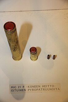 Pyrotechnic charges from ejector seat of MiG-21F-13 fighter in the Aviation Museum of Central Finland MiG-21F heittoistuimen pyropatruunoita Keski-Suomen ilmailumuseo.JPG