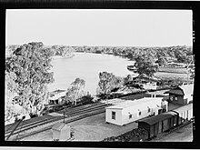 Morgan railway station during operation Morgan, railway next to River Murray(GN14113).jpg