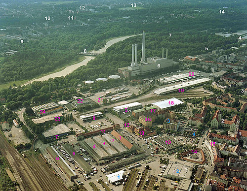 Luftbild des Geländes der Großmarkthalle München, Blick nach Ostenfür eine detaillierte Legende siehe die Bildbeschreibungsseite (Symbol rechts „vergrößern“)