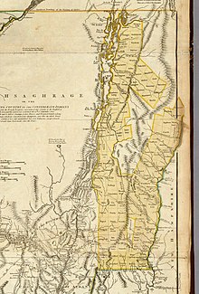 The New Hampshire Grants (yellow) on a contemporary map by Thomas Jefferys New Hampshire grants (1776).jpg