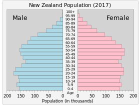 Stationär befolkningspyramid uppdelad i 21 åldersgrupper.