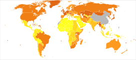 Disability-adjusted life years (DALY) lost from Oesophagus cancer in 2012 per million males.   44-297   303-530   542-1,197   1,230-1,230   1,255-1,427   1,461-2,100   2,130-2,623   2,641-4,301 * Countries are divided approximately by population into ten groups. * Dependencies of France, United Kingdom, United States of America, The Netherlands and Denmark are grouped with their respective countries.