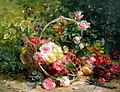 Panier avec fleurs. o/l. 29x36 cm.