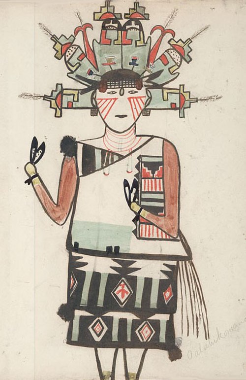 Palahiko Mana, Water-Drinking Maiden, Hopi 1899. She wears a headdress with stepped Earth signs and corn ears. Water Drinking Woman seems to be a name