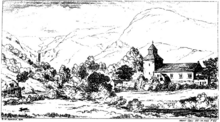 black and white 19th-century sketch of Pennant Melangell, with the church, hills, river, and houses.
