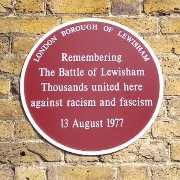 Plaque memorialising the "Battle of Lewisham" in which anti-fascist protesters combatted a National Front march in 1977