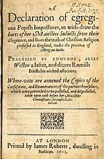 Samuel Harsnett's A Declaration of egregious Popish Impostures (1603), one of Shakespeare's sources for Lear. Popish Impostures 1603.jpg