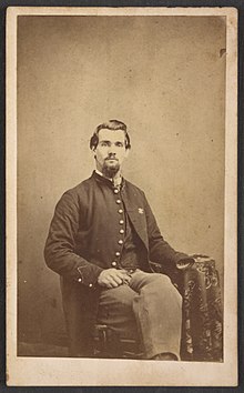 Private Vernon Mosher of Co. F, 97th New York Infantry Regiment, in uniform, amputated hand visible Private Vernon Mosher of Co. F, 97th New York Infantry Regiment, in uniform, amputated hand visible) - Thos. D. Givin, photographer, No. 432 Chestnut Street, Philadelphia LCCN2015649854.jpg