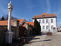 Szentháromság-oszlop (1707), háttérben a volt iskola, ma önkormányzat épülete