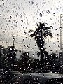 Nimbostratus with raindrops in a car window